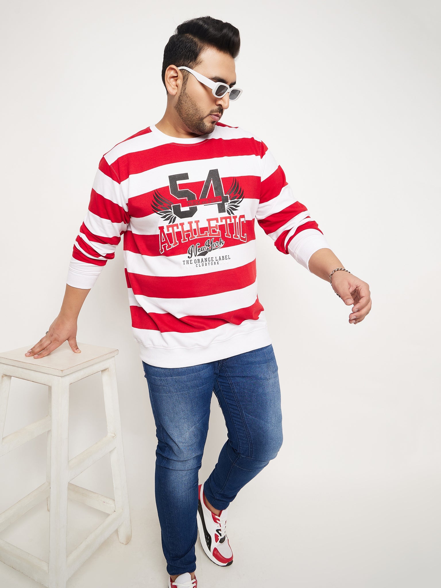 White Striped Full Sleeve Round Neck Plus Size Sweatshirt