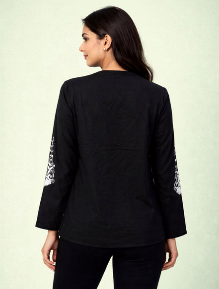 Black Embroidered Casual Shirt For Women