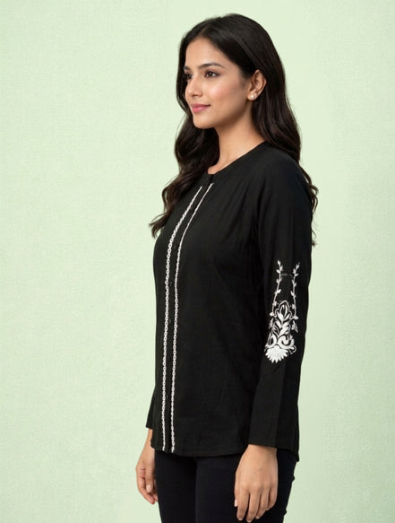 Black Embroidered Casual Shirt For Women