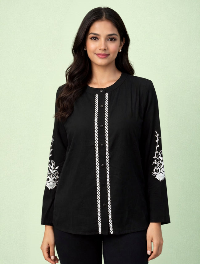 Black Embroidered Casual Shirt For Women