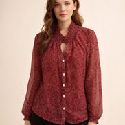 Wine Red Tie-Neck Floral Shirt For Women