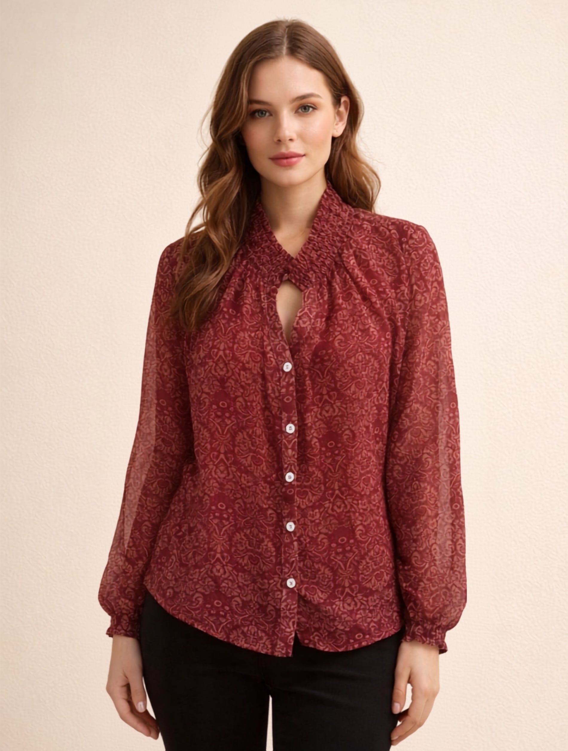 Wine Red Tie-Neck Floral Shirt For Women