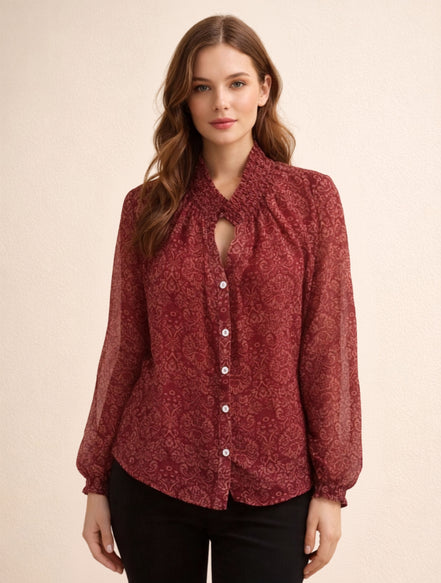 Wine Red Tie-Neck Floral Shirt For Women