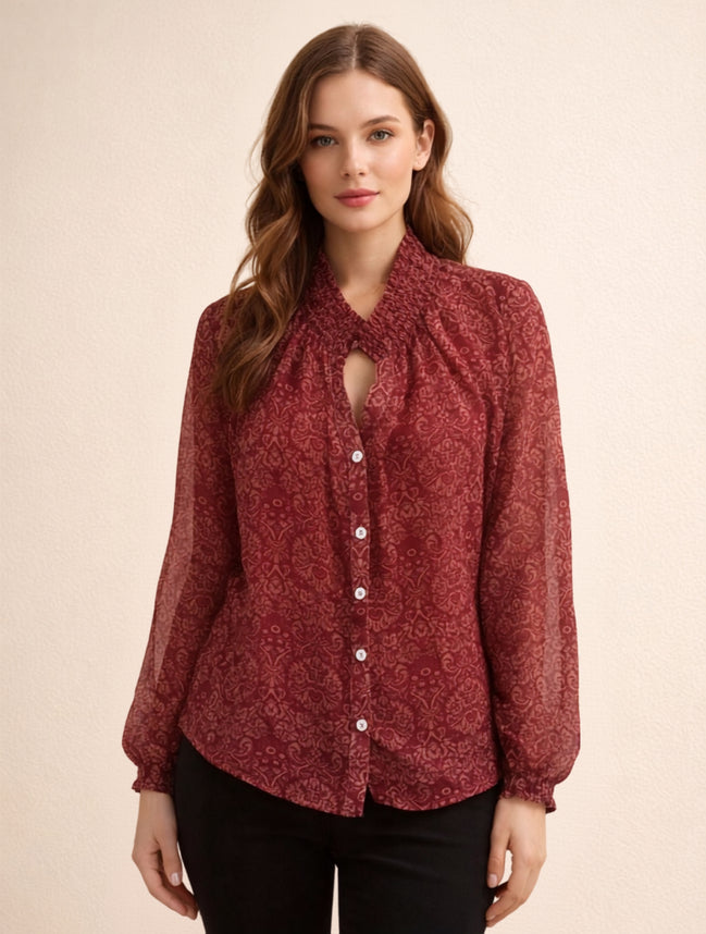 Wine Red Tie-Neck Floral Shirt For Women