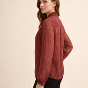 Wine Red Tie-Neck Floral Shirt For Women