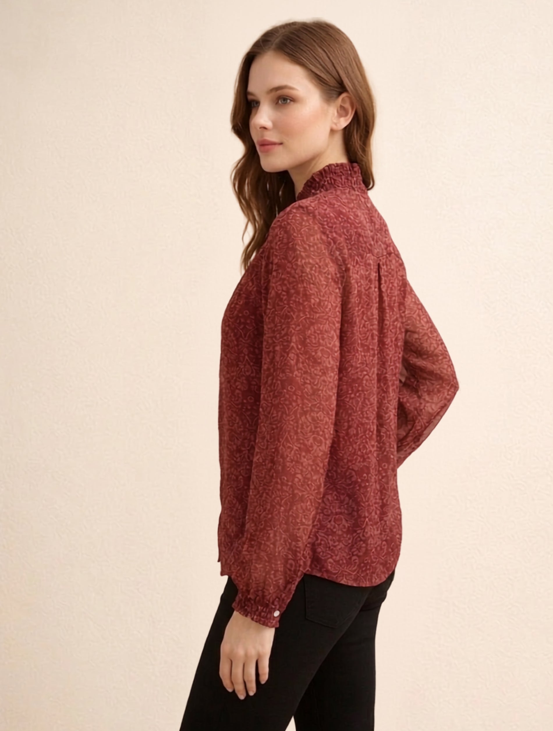 Wine Red Tie-Neck Floral Shirt For Women