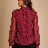Wine Red Tie-Neck Floral Shirt For Women