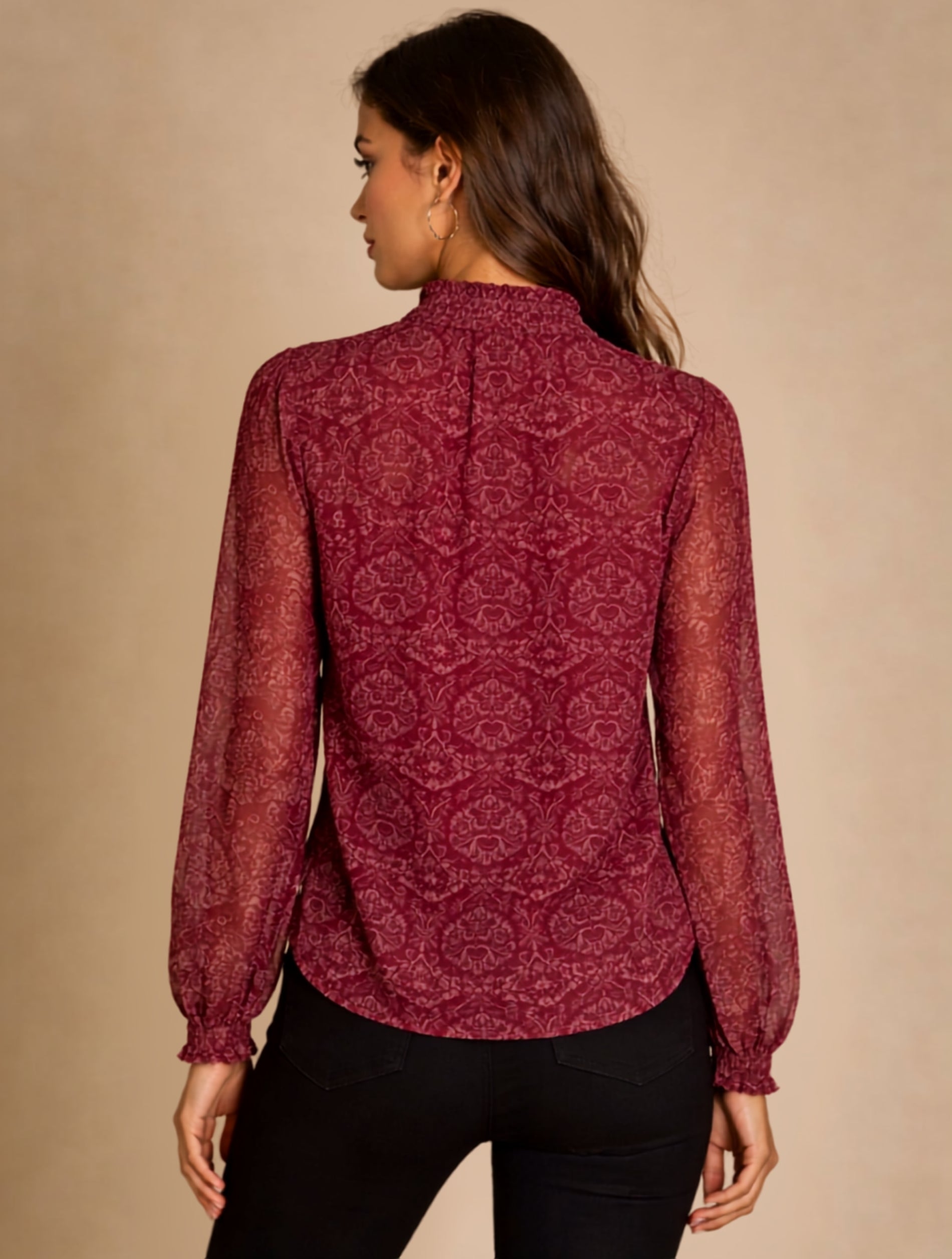 Wine Red Tie-Neck Floral Shirt For Women