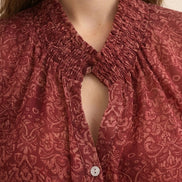 Wine Red Tie-Neck Floral Shirt For Women