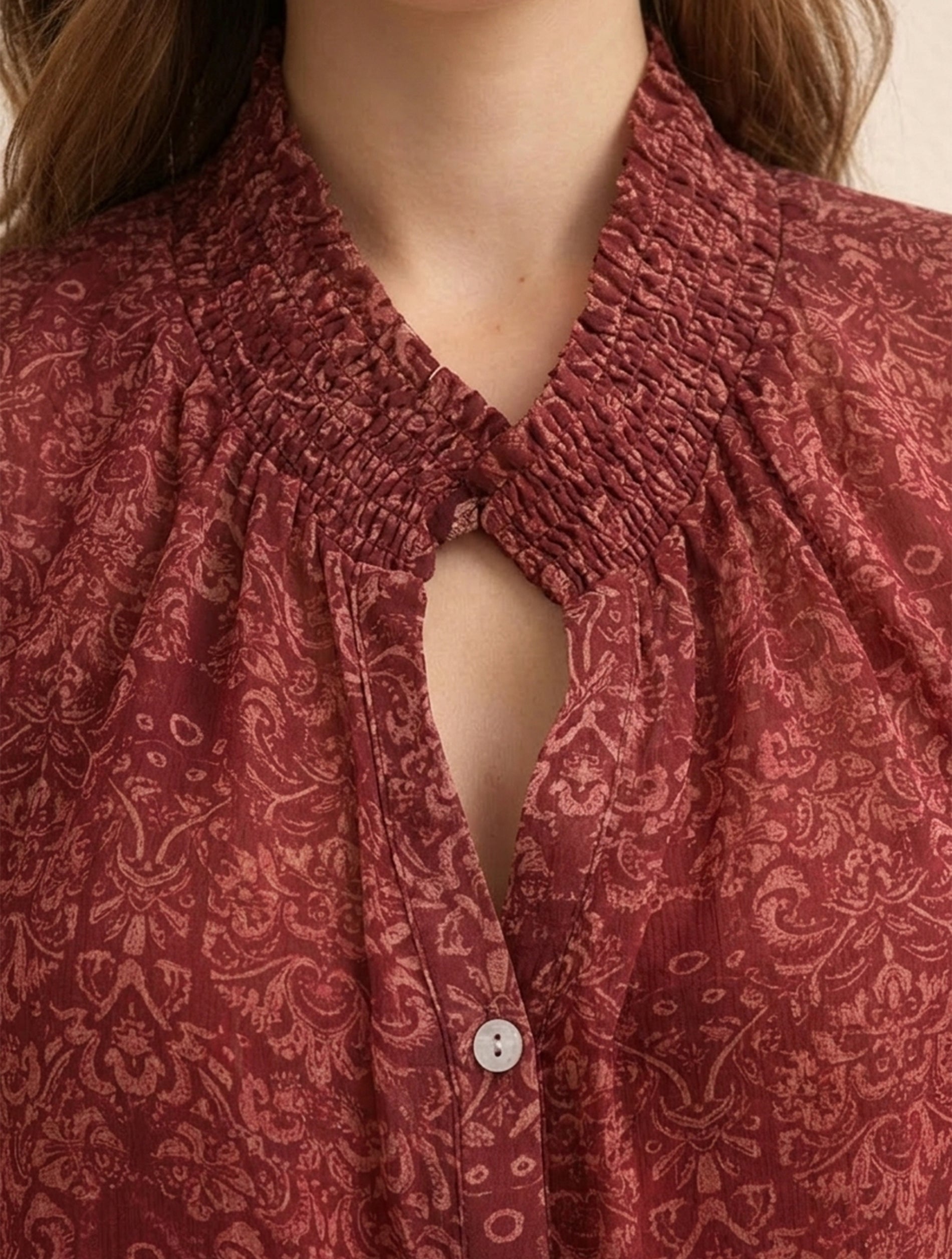 Wine Red Tie-Neck Floral Shirt For Women