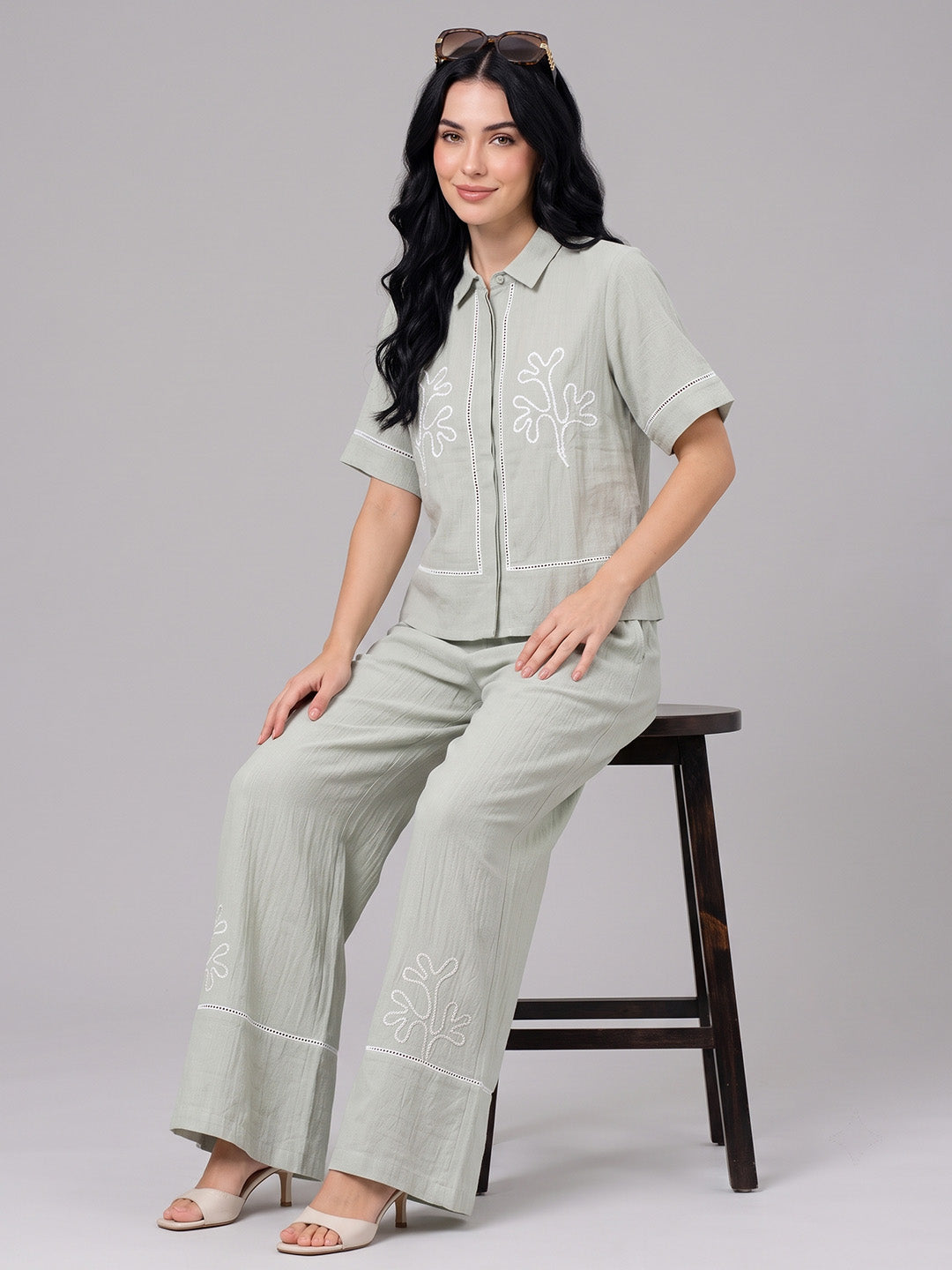 Floral Embroidery Shirt & Trouser Co-Ord Set