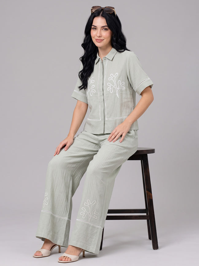 Floral Embroidery Shirt & Trouser Co-Ord Set