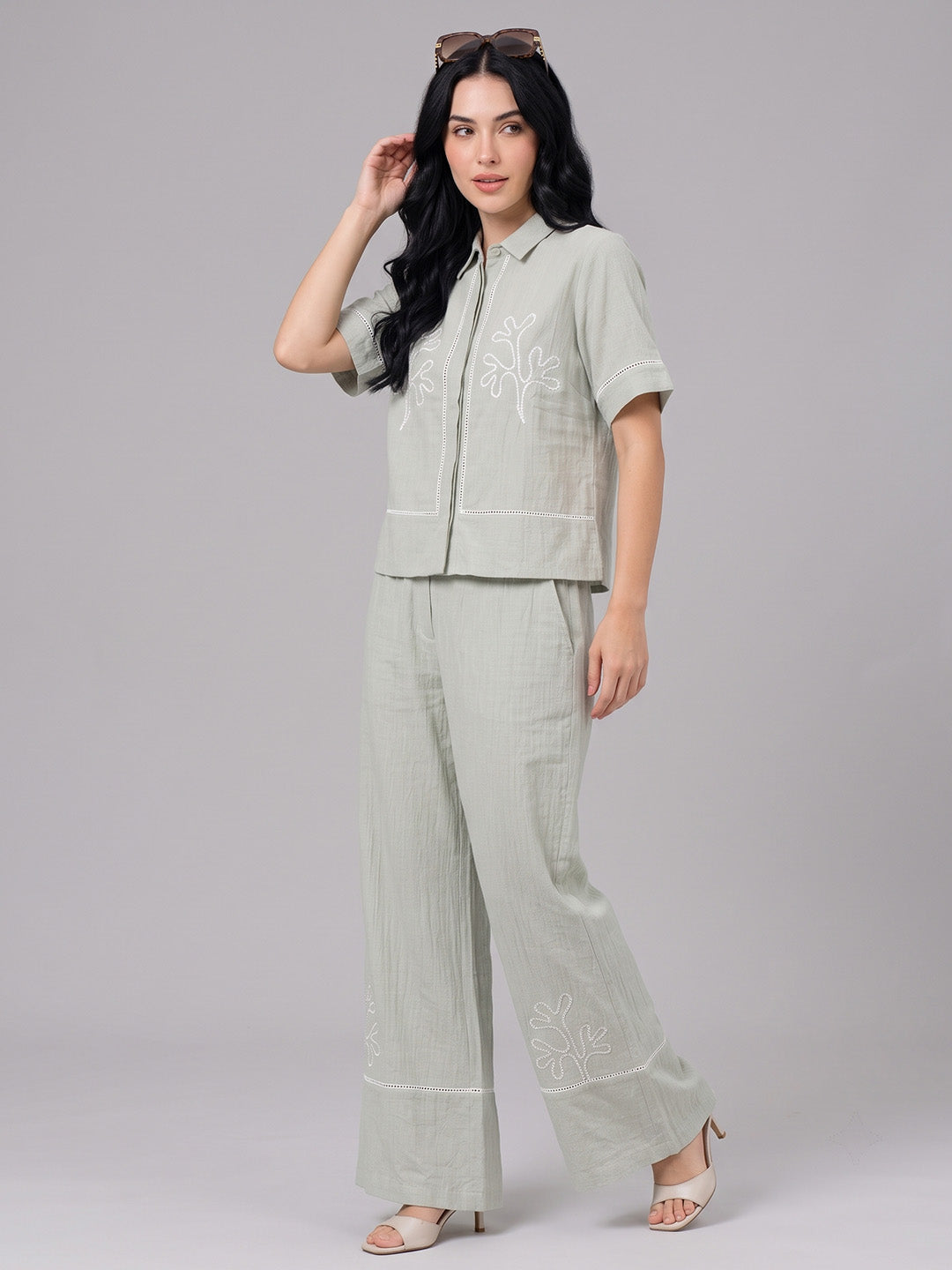 Floral Embroidery Shirt & Trouser Co-Ord Set