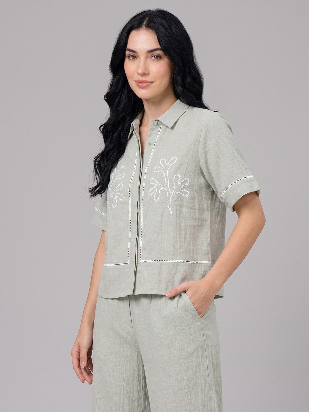 Floral Embroidery Shirt & Trouser Co-Ord Set