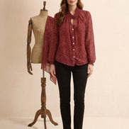 Wine Red Tie-Neck Floral Shirt For Women