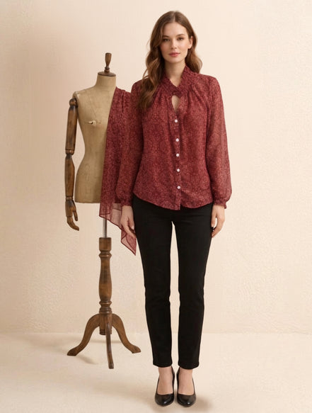 Wine Red Tie-Neck Floral Shirt For Women