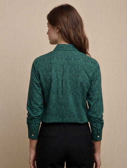 Teal Green Floral Classic Shirt For Women