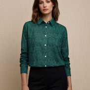 Teal Green Floral Classic Shirt For Women