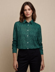 Teal Green Floral Classic Shirt For Women