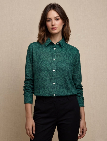 Teal Green Floral Classic Shirt For Women