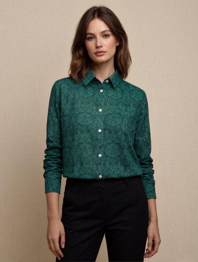 Teal Green Floral Classic Shirt For Women