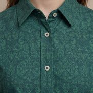 Teal Green Floral Classic Shirt For Women