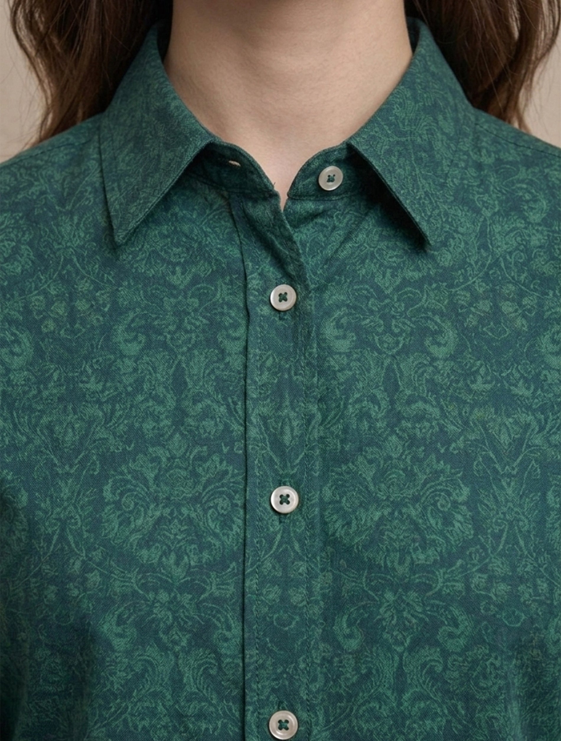 Teal Green Floral Classic Shirt For Women