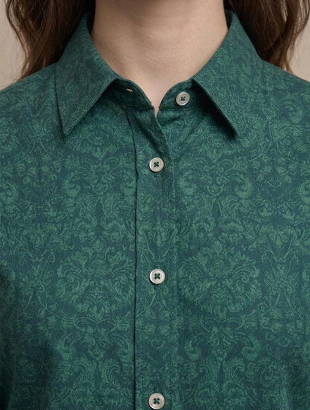 Teal Green Floral Classic Shirt For Women
