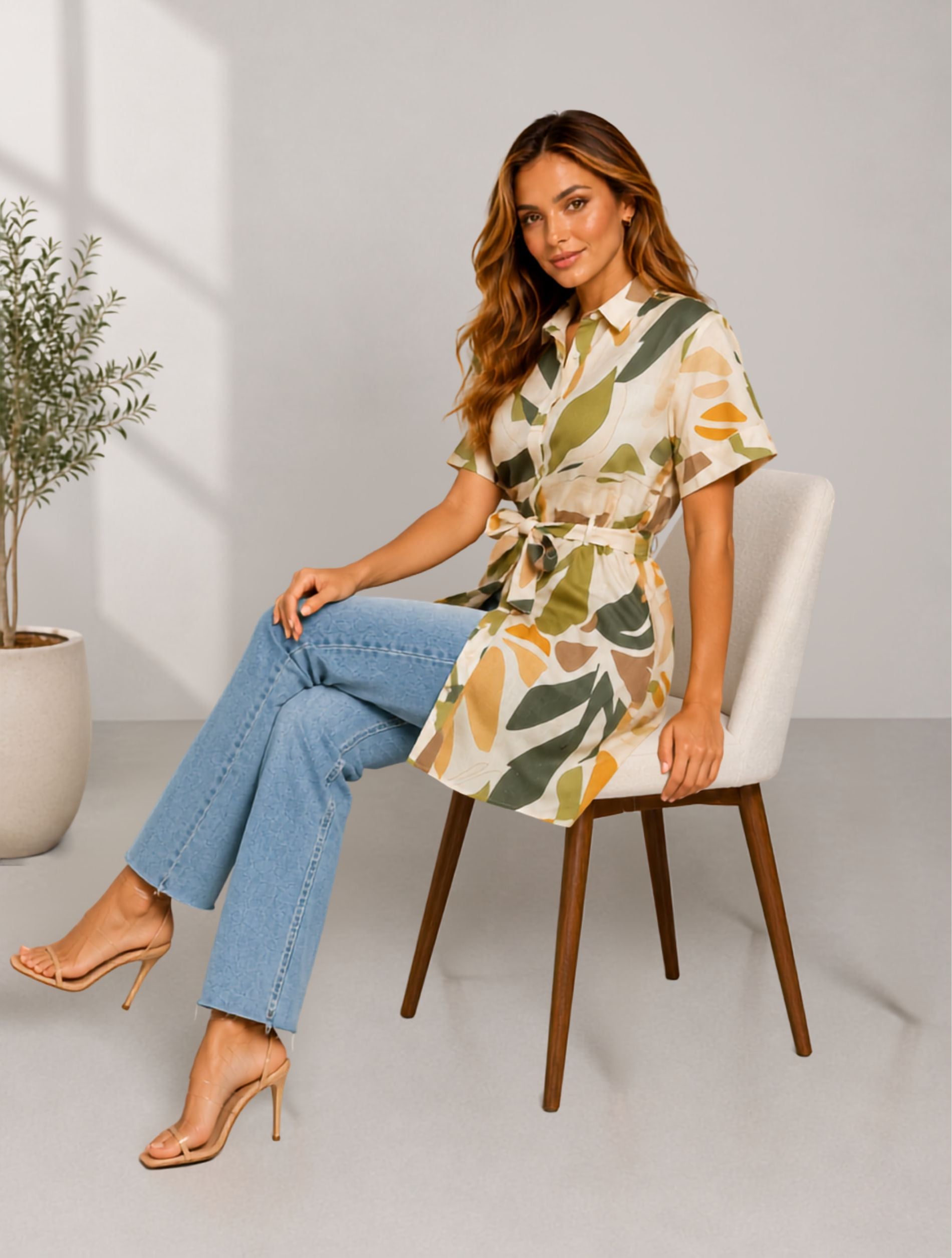 Olive Meadow Abstract Print Belted Everyday Shirt Dress