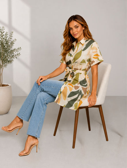 Olive Meadow Abstract Print Belted Everyday Shirt Dress
