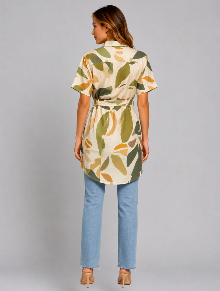 Olive Meadow Abstract Print Belted Everyday Shirt Dress