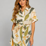 Olive Meadow Abstract Print Belted Everyday Shirt Dress