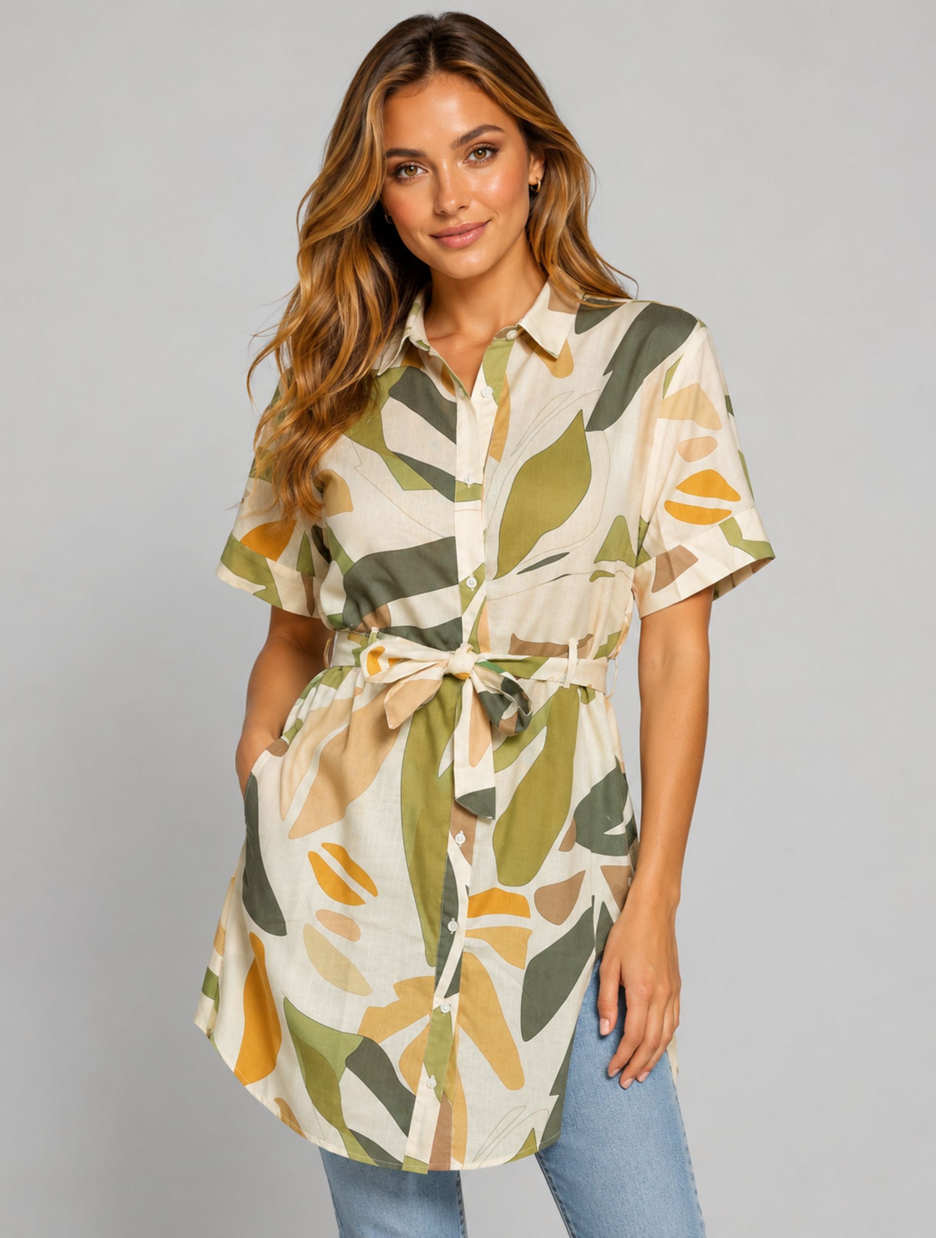 Olive Meadow Abstract Print Belted Everyday Shirt Dress