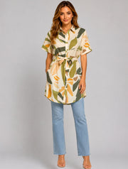 Olive Meadow Abstract Print Belted Everyday Shirt Dress