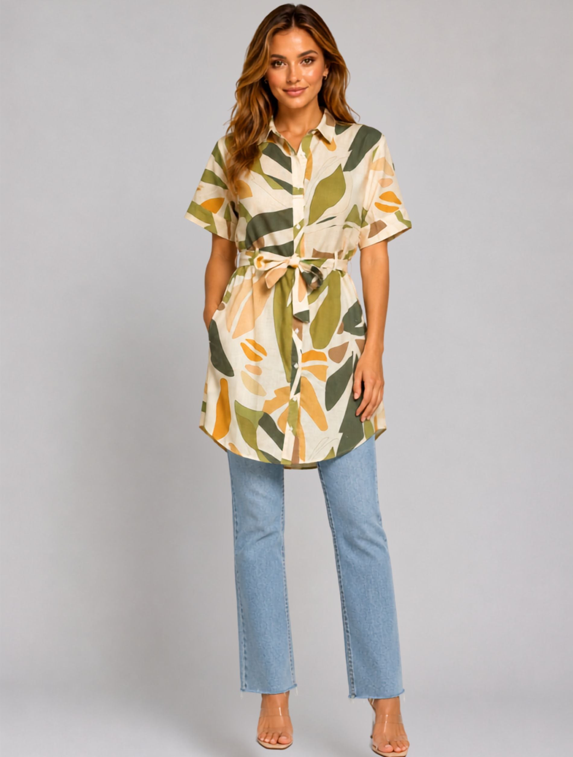 Olive Meadow Abstract Print Belted Everyday Shirt Dress