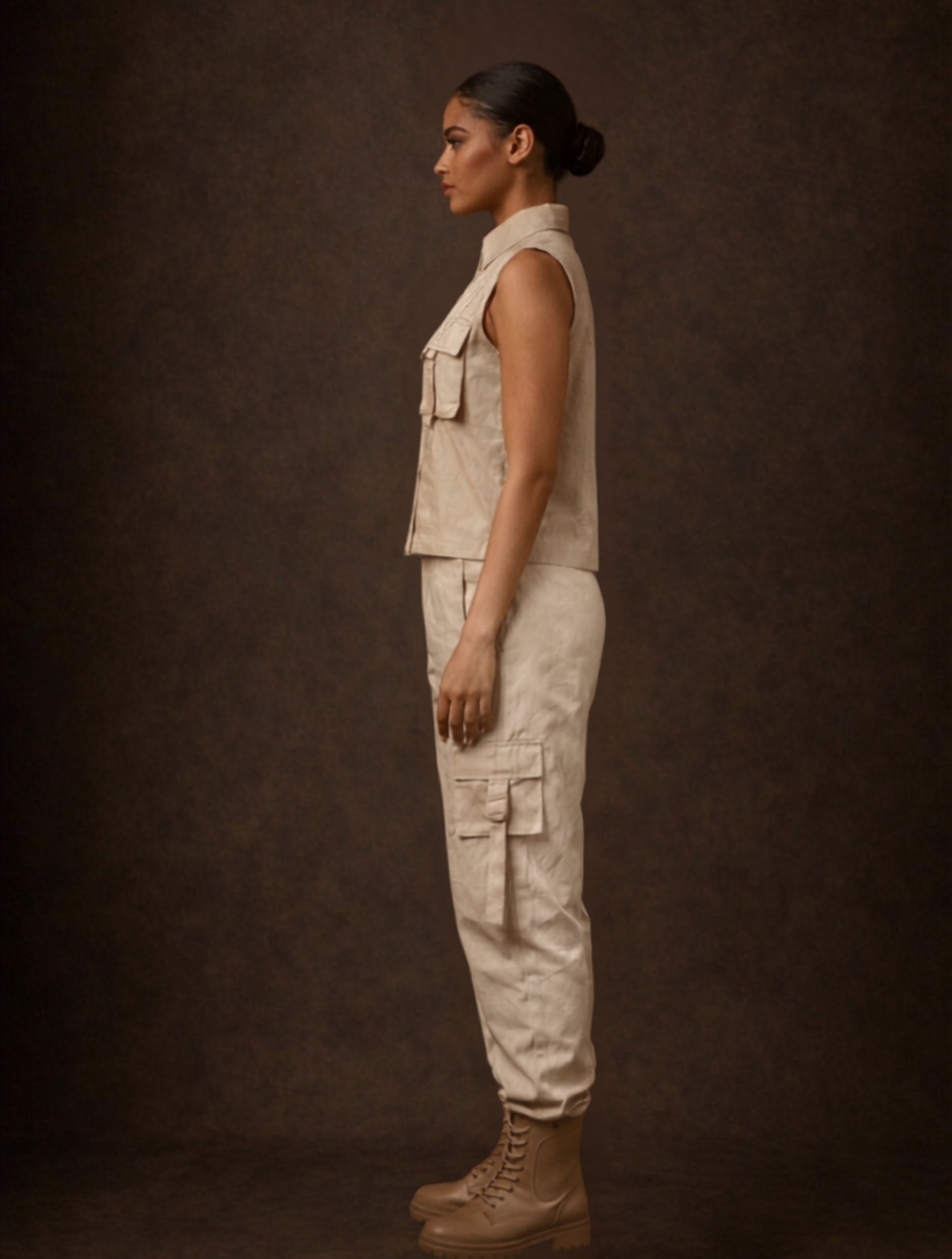 Beige Sleeveless Cargo Co-Ord Set For Women