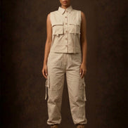 Beige Sleeveless Cargo Co-Ord Set For Women