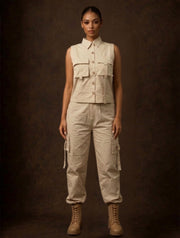 Beige Sleeveless Cargo Co-Ord Set For Women