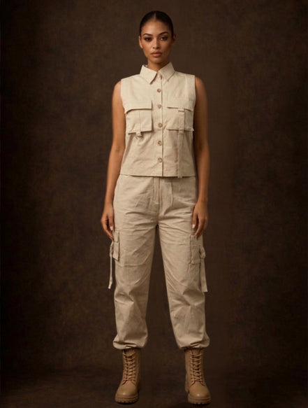 Beige Sleeveless Cargo Co-Ord Set For Women