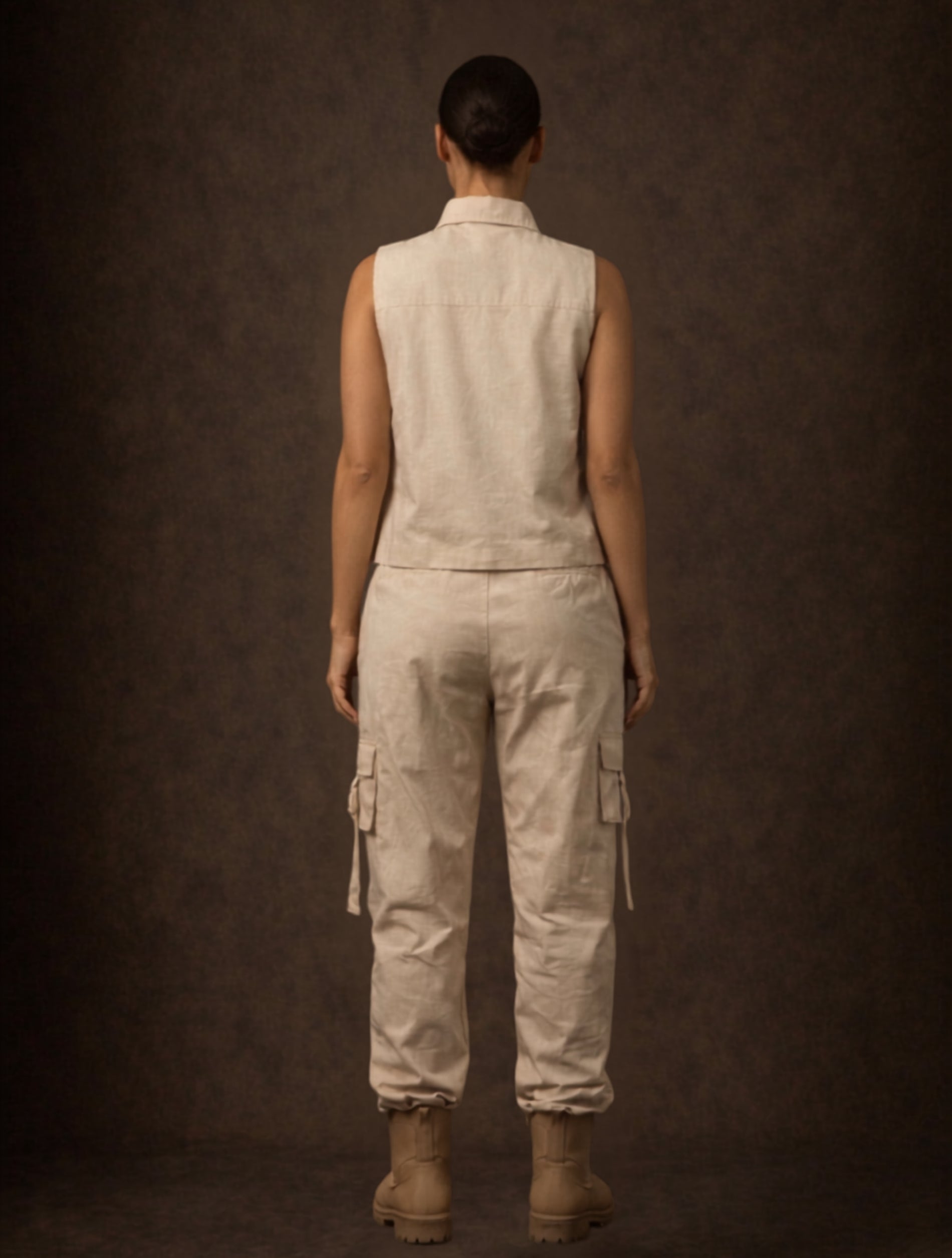 Beige Sleeveless Cargo Co-Ord Set For Women