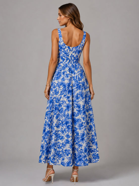 Blue Floral Fit & Flare Maxi Dress