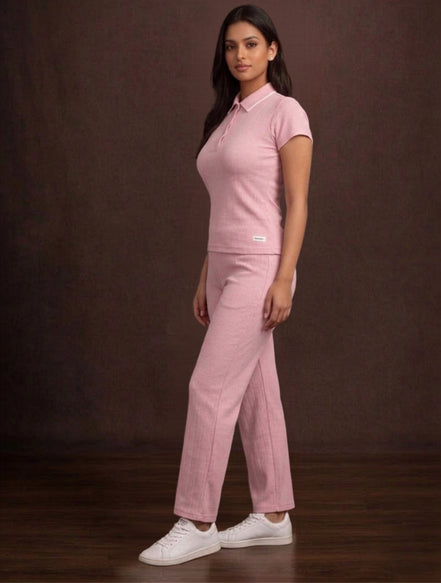 Ribbed Pink Co-Ord Set For Women