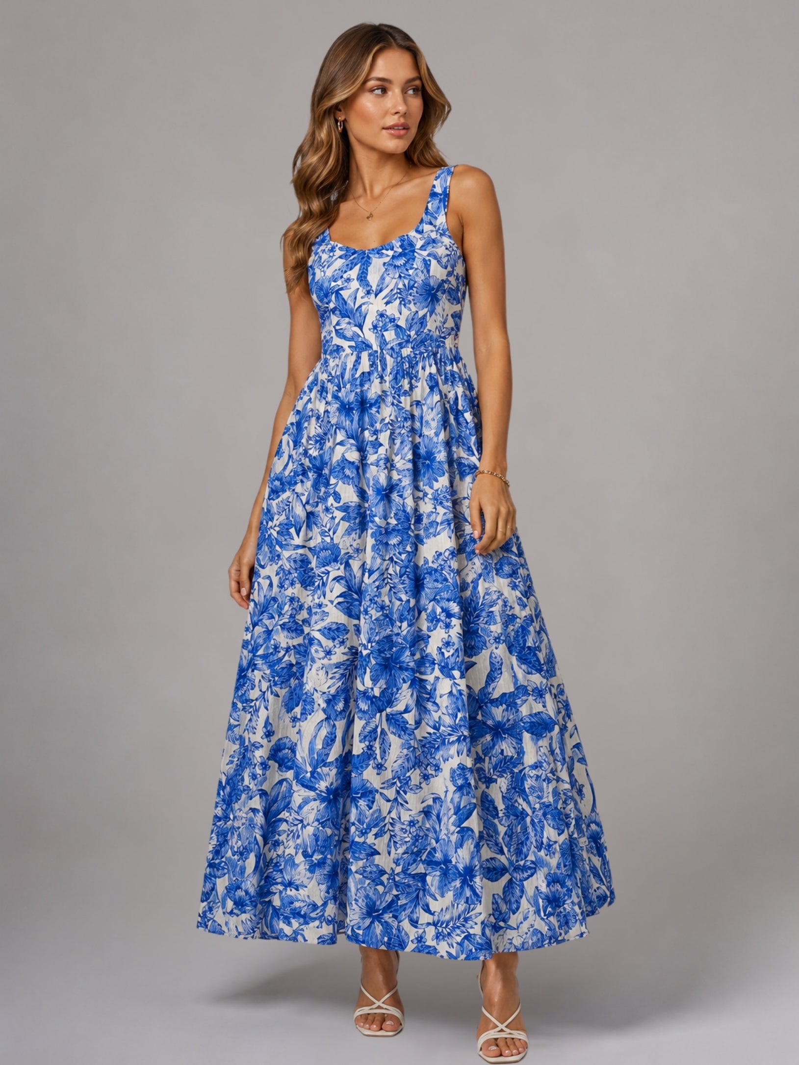 Blue Floral Fit & Flare Maxi Dress