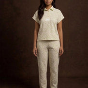 Cream Printed Polo Co-Ord Set For Women