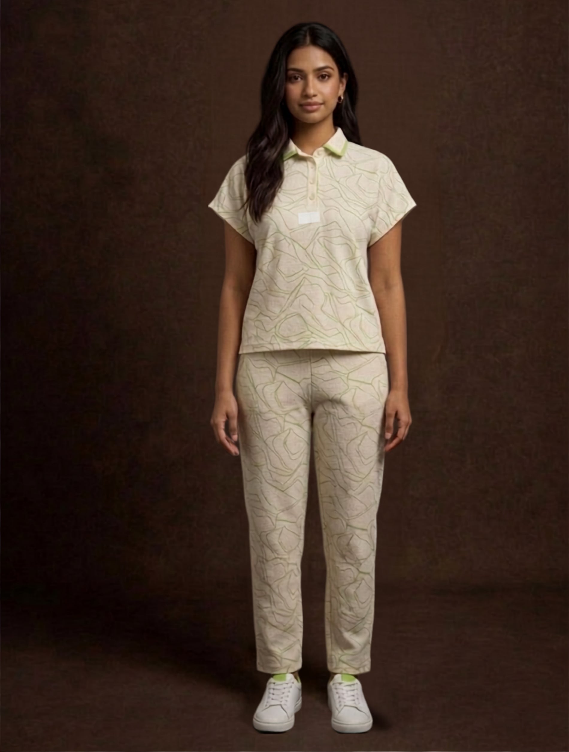 Cream Printed Polo Co-Ord Set For Women