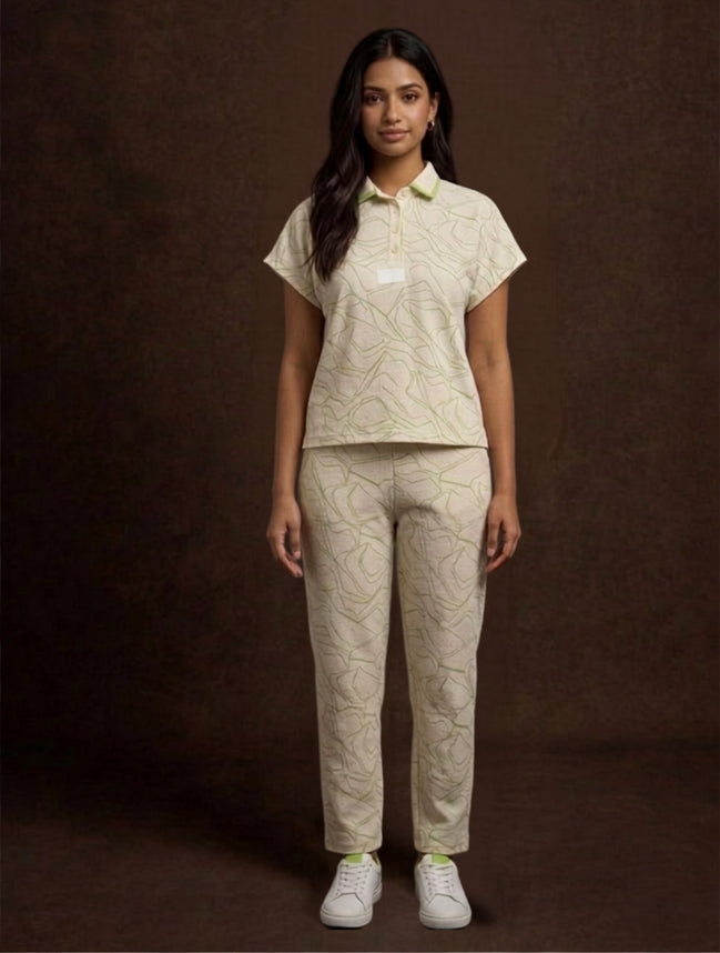 Cream Printed Polo Co-Ord Set For Women