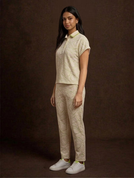 Cream Printed Polo Co-Ord Set For Women