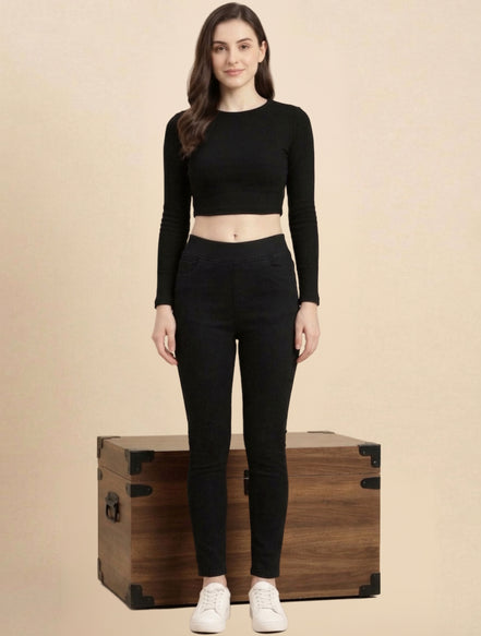 Black Stretchable High Waist Jeggings For Women