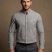 Striped Mandarin Collar - Cotton Shirt For Men
