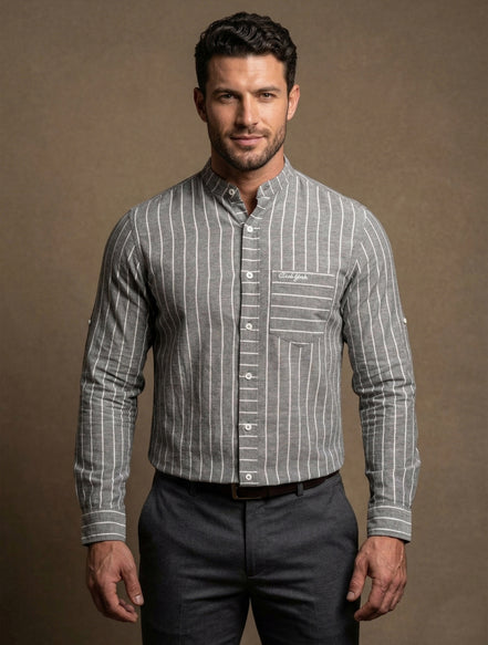 Striped Mandarin Collar - Cotton Shirt For Men